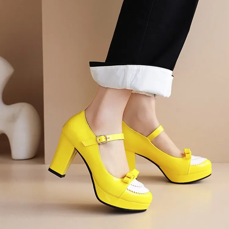 Women's Shallow Bicolor Block Heel Mary Janes Platform Pumps