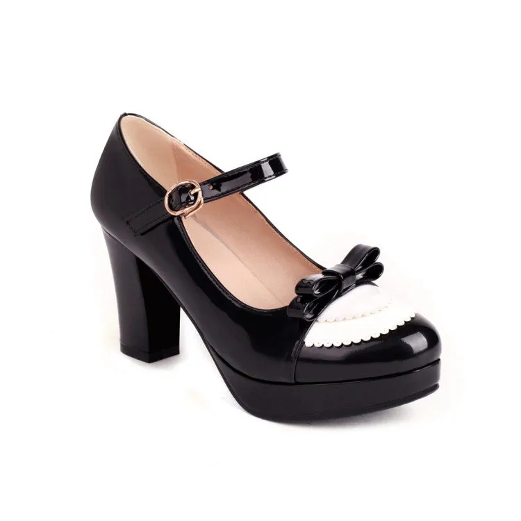 Women's Shallow Bicolor Block Heel Mary Janes Platform Pumps