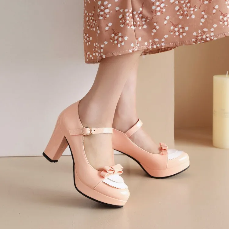 Women's Shallow Bicolor Block Heel Mary Janes Platform Pumps