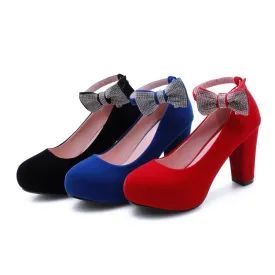 Women's Suede Rhinestone Butterfly Knot Chunky Heels High Heel Platform Pumps